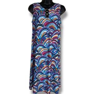 Medium Ivy Road Colorful Swirl Print Dress Stretch Blue Purple Gold Cutout